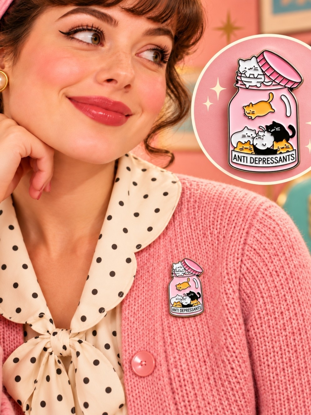 MODCLOTH KITTY ANTI DEPRESSANTS JAR PIN